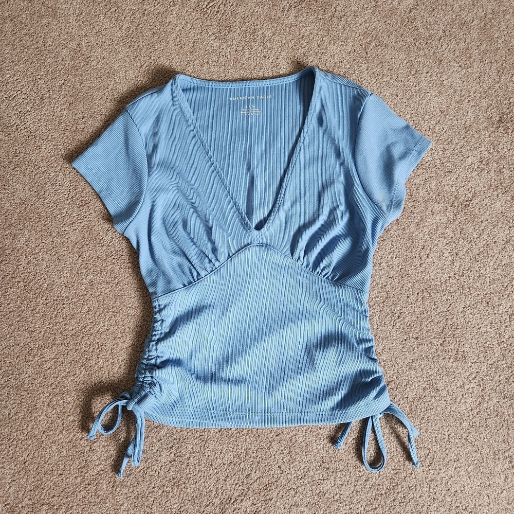 American Eagle Outfitters Light Blue Ruched Short Sleeve Top